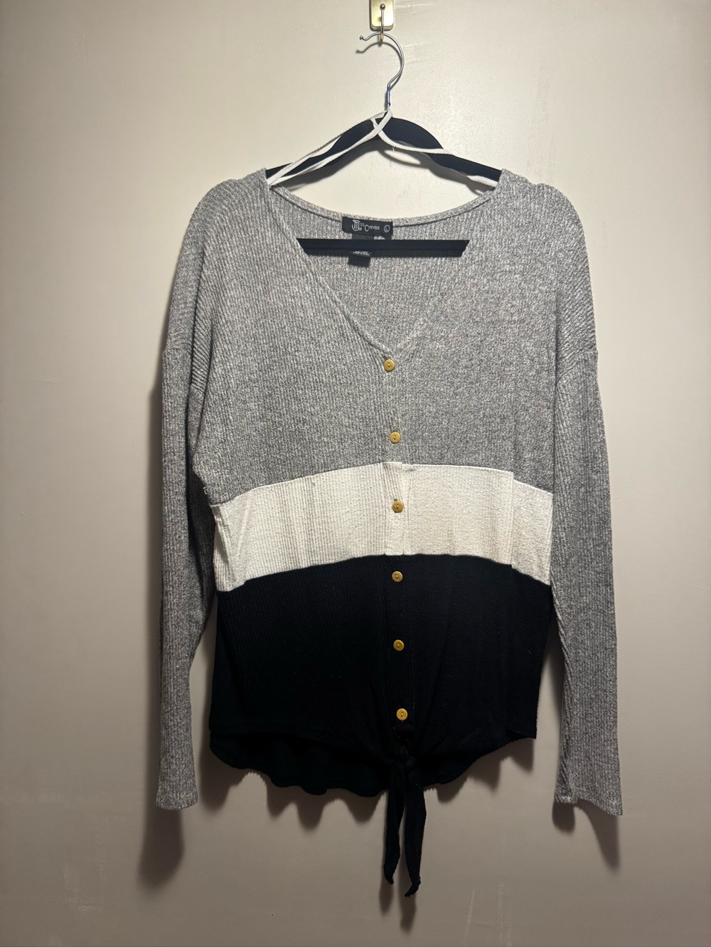Miss Chievous Colorblock Button-up Front Tie Sweater